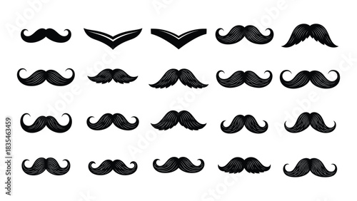 Collection of hand drawn mustache styles in black and white artistic sketch
