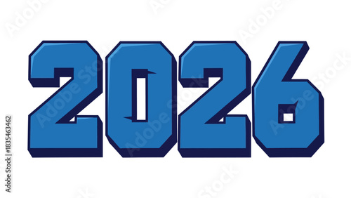 Bold blue number 2026 in a sporty 3D block font for a new year celebration or event design. Isolated vector illustration for graduation or calendar