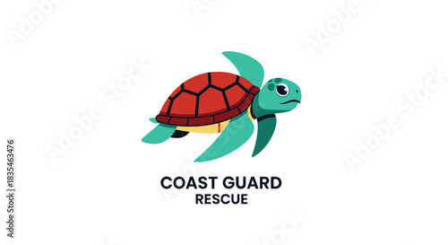 Cartoon turtle with red shell, aqua flippers, swimming; "Coast Guard Rescue" text below