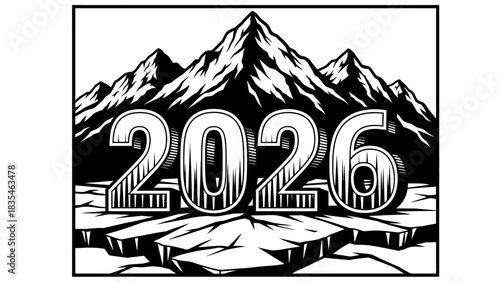 A striking black and white vector illustration of the year 2026, set against a majestic mountain range and a cracked, icy landscape