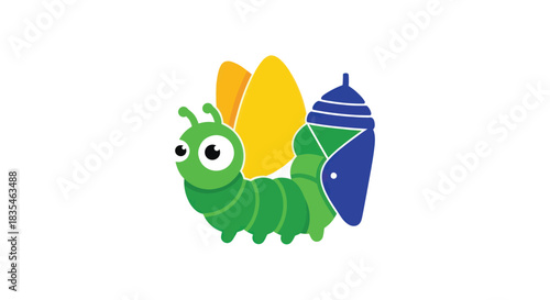 Cartoon caterpillar transforming into a chrysalis