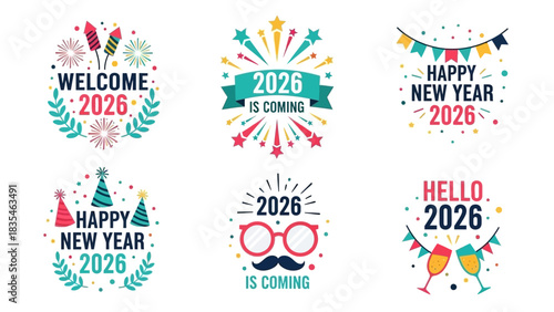 A festive collection of Happy New Year 2026 badges and greeting emblems for holiday celebrations