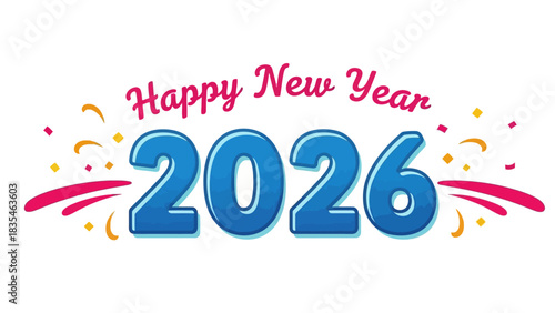 Colorful and celebratory graphic for the New Year 2026, featuring vibrant blue typography and festive confetti