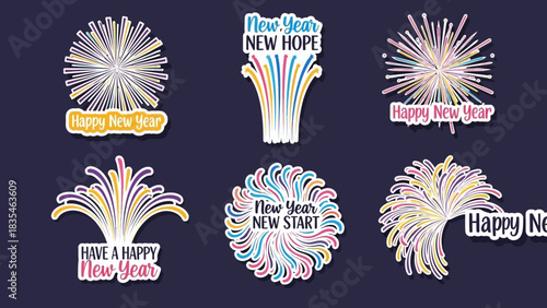 Festive sticker collection for New Year 2026 celebration featuring colorful fireworks, greetings, and messages of hope