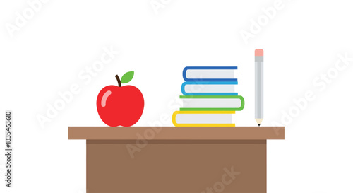 Flat illustration of a desk. Books, an apple, & pencil rest atop a brown desk