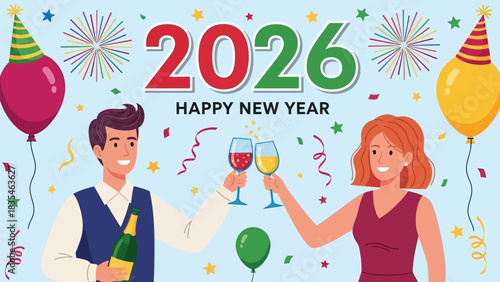 A smiling couple celebrating Happy New Year 2026, toasting with wine glasses under fireworks and confetti