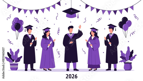 Class of 2026 graduation celebration with a diverse group of happy students in traditional academic gowns and caps