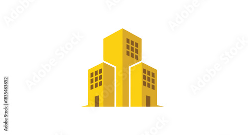 Abstract geometric cityscape with three golden buildings and brown windows