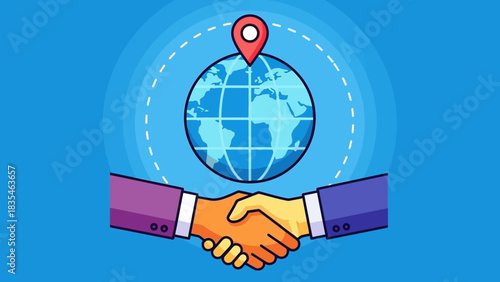 Illustration of a global business partnership agreement, showcasing an international handshake over a world globe with a location pin