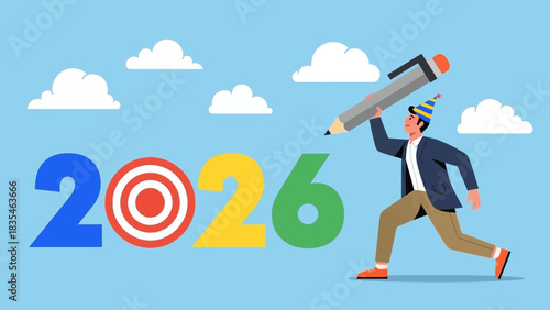 A creative individual with a large pencil running to write goals and hit the target for the New Year 2026 celebration