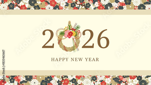 Japanese New Year 2026 greeting card with a traditional shimenawa wreath and an elegant floral pattern background