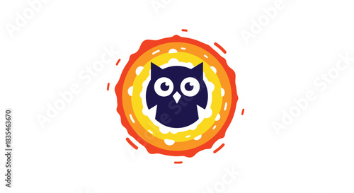 Stylized navy owl within a colorful concentric circle