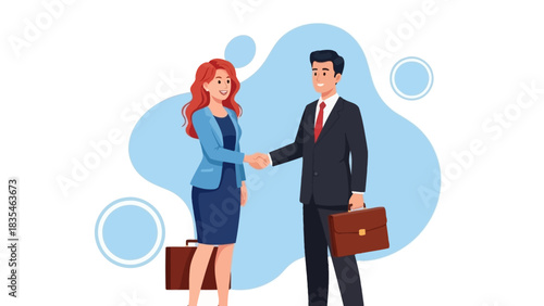 Business people shaking hands, man and woman in formal suits concluding a successful deal or partnership agreement. Vector illustration