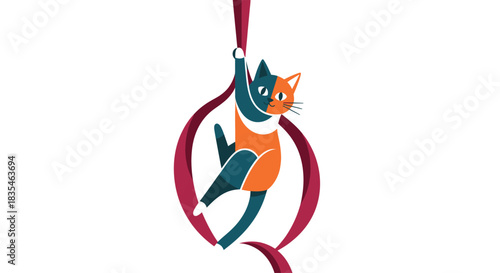 Illustrated cat acrobat on ribbon