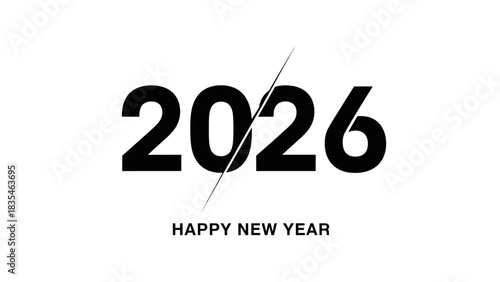 Creative Happy New Year 2026 banner with modern typography. Minimalist design with a diagonal slash for holiday greetings