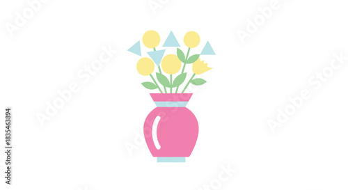 Stylized floral arrangement in a pink vase