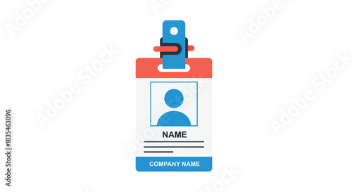 Badge vector featuring a person icon, name, company name, and lanyard clip.