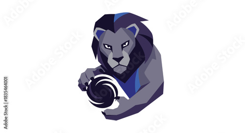 Geometric lion with intense gaze, holding a swirling orb