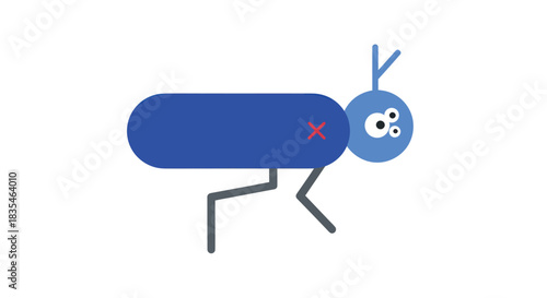 Abstract blue insect with simple shapes and red x-mark on its back