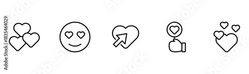 Heart, love, care, help, charity, and donation outline icons are set isolated on a white background in a flat vector illustration.