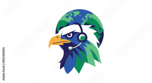 Graphic of an eagle wearing a headset against Earth