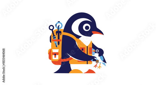 Stylish penguin with backpack caring for a chick