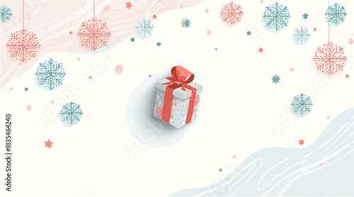 Vector illustration of a Christmas background with delicate snowflakes gently falling, and a giftbox in the center, all designed in a modern flat style
