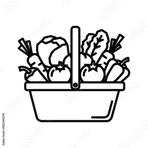 Black and white line art of market basket full of vegetables for logo template