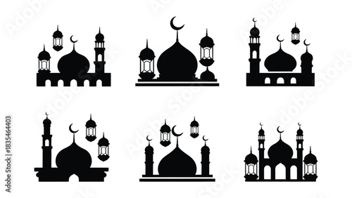 Collection of islamic mosque silhouettes with crescent moons and lanterns