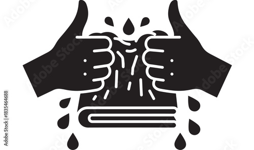 Expertly wringing out excess water from a folded cloth with a double thumbs up approval gesture signifying cleanliness and success