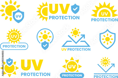 UV protection, sun, shield, protection, icons, yellow, blue, safety, health, skincare, symbol, graphic, design, element, set, collection, vector, illustration, simple, flat, clean, modern, digital, ic