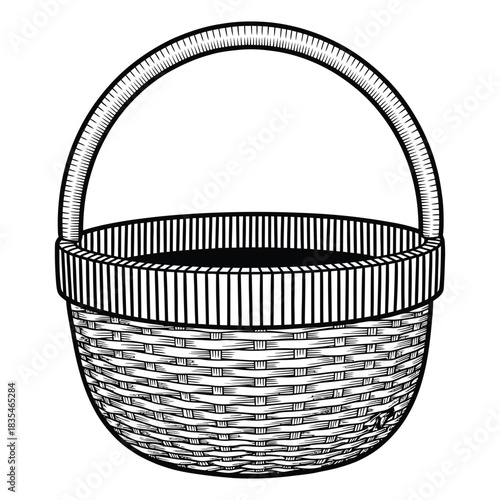 Hand drawn sketch of a woven basket with a curved handle