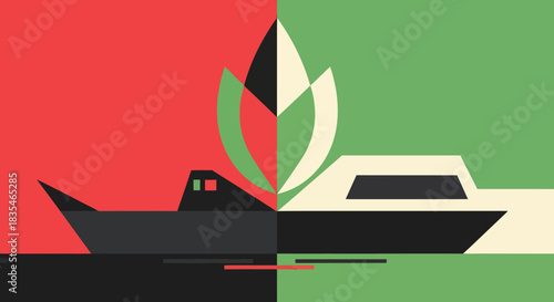 Abstract Boat Illustration with Contrasting Colors and Geometric Shapes.