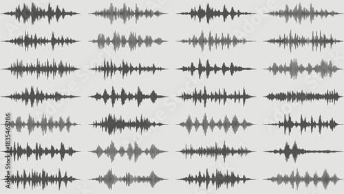 Black Audio Waveform Icon Set Featuring Unique Sound Patterns – Ideal for Sound Design, Music Branding, and Visual Storytelling in Audio Analysis, Speech Recognition, and Sonic Illustration