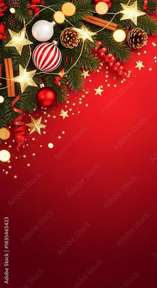 Fototapeta premium Christmas Tree and Lights Corner on Bright Red Background