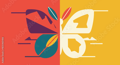 Abstract Butterfly Illustration with Contrasting Colors and Geometric Shapes.