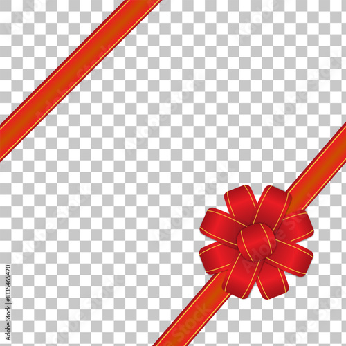 Red ribbon and bow on a transparent background, diagonally placed.