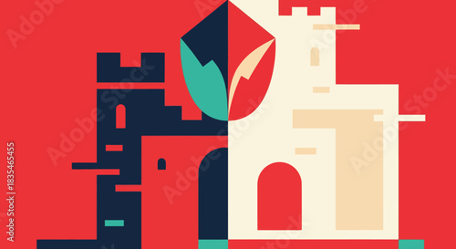 Abstract Castles in Contrasting Colors with Geometric Shield Design.