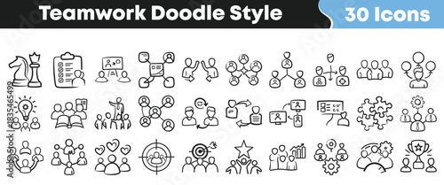 Teamwork doodle icon set with hand drawn collaboration, leadership, communication, organisation and group management symbols