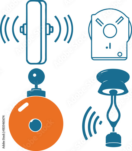 Security system sensors and alarm devices icon set, including wireless signal, motion detector, panic button, and bell Vector