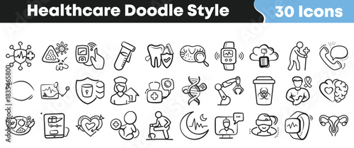 Healthcare doodle icon set with hand-drawn medical symbols for wellness, diagnostics, nursing, telehealth, fitness and patient care
