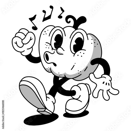 A cartoon pumpkin whistling happily on Thanksgiving