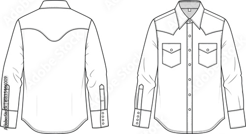 Men's Western-style long sleeve shirt technical fashion flat template, detailed curved yokes, flap pockets, snap buttons, design apparel clothing vector sketch.