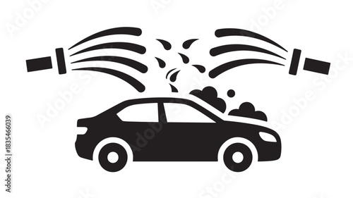 Simple black and white sedan icon being cleaned with soap suds and water hoses for automotive service branding