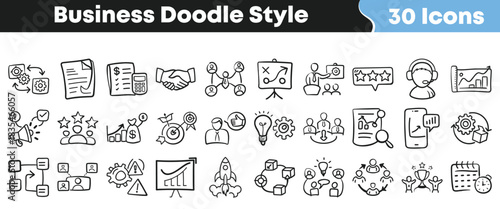Business doodle icon set with hand-drawn sketches for strategy, finance, workflow, analysis and startup concepts