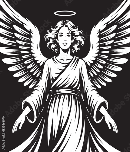 A striking black and white illustration of an angelic figure with expansive wings and a radiant halo, looking directly forward.