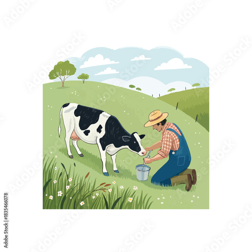 Male farmer pouring water into buckets - watering cows on his farm