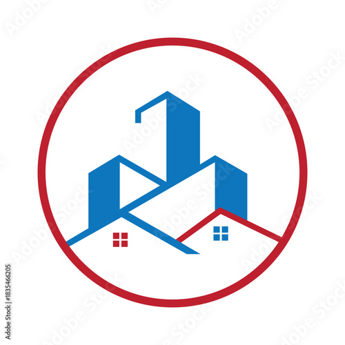 Modern circular real estate city building and home logo vector for property developers, construction companies and realtor branding.