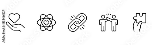 Heart, love, care, help, charity, and donation outline icons are set isolated on a white background in a flat vector illustration.