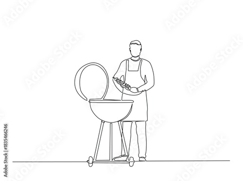 Continuous Line Drawing of man cooking food on bbq grill.